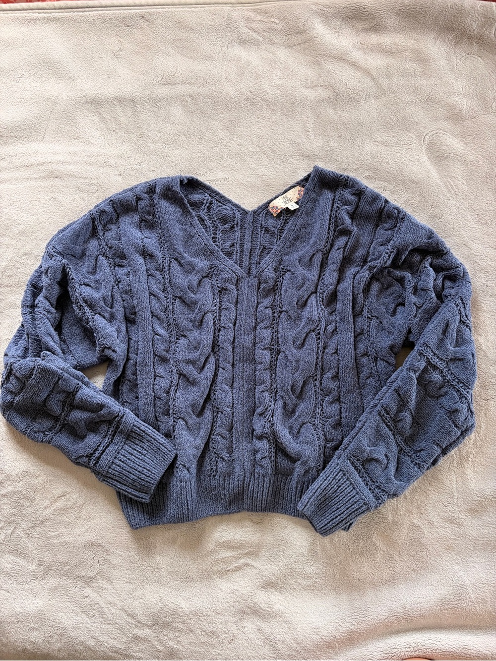Pink Rose Cable-Knit V-Neck Sweater - Navy
